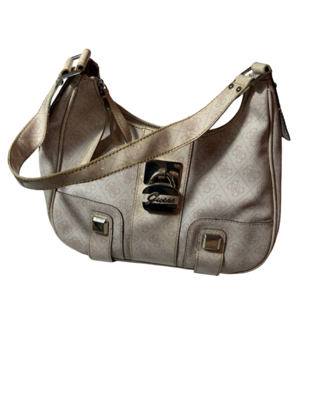 Y2K Guess Metallic Blush Pink Monogram Hobo Shoulder Bag Logo Lock Purse